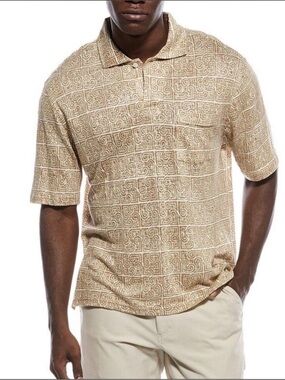 J. McLaughlin Mens Large 100% Linen Geometric Print Polo Shirt Tan